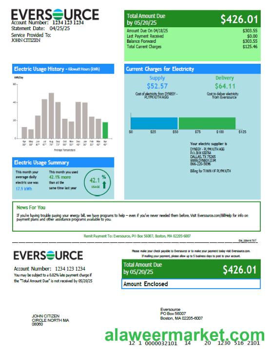 USA Eversource utility bill template in Word and PDF formats